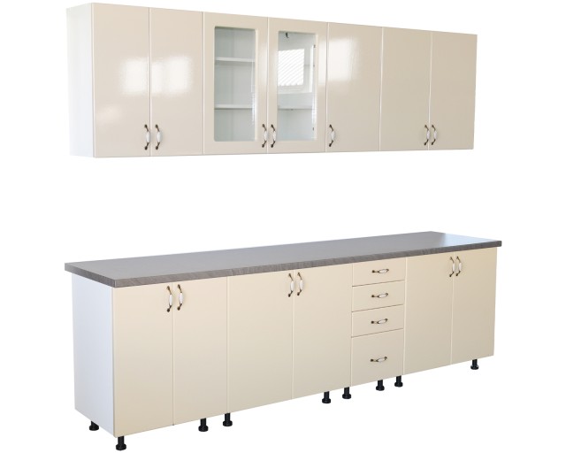 Bucatarie Zebra 260 cm din MDF Vanilie cu blat termoizolant gri